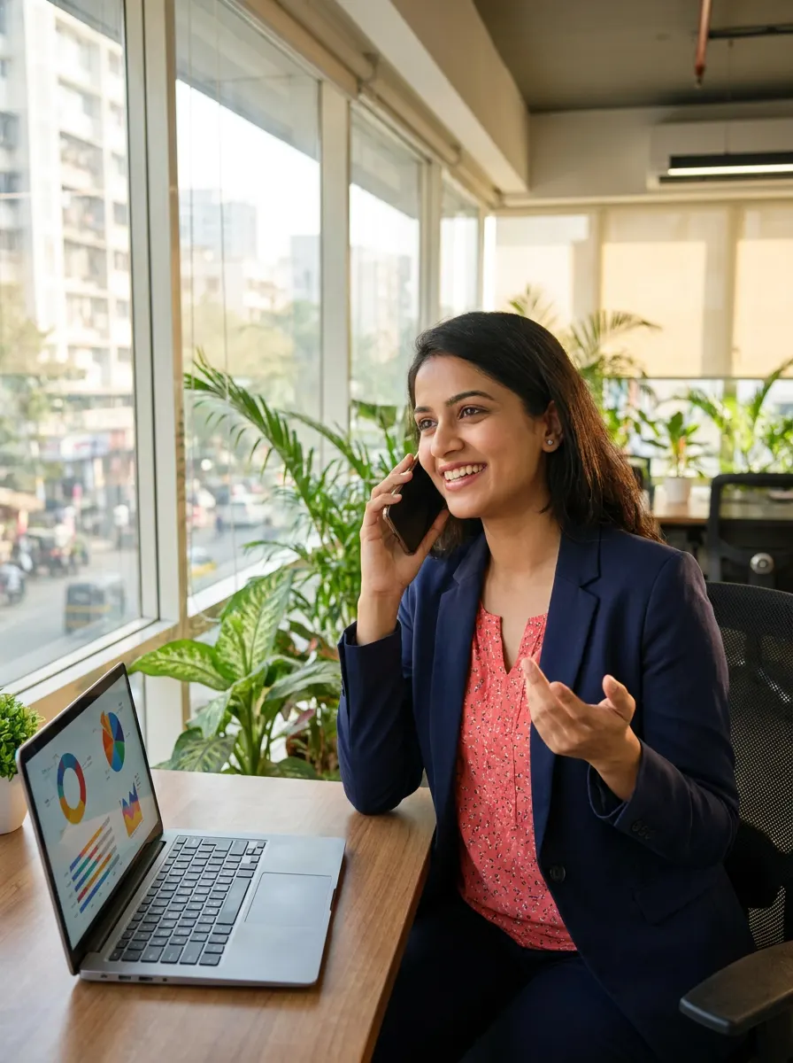 Indian businesswoman on a call with a client while reviewing her sales dashboard