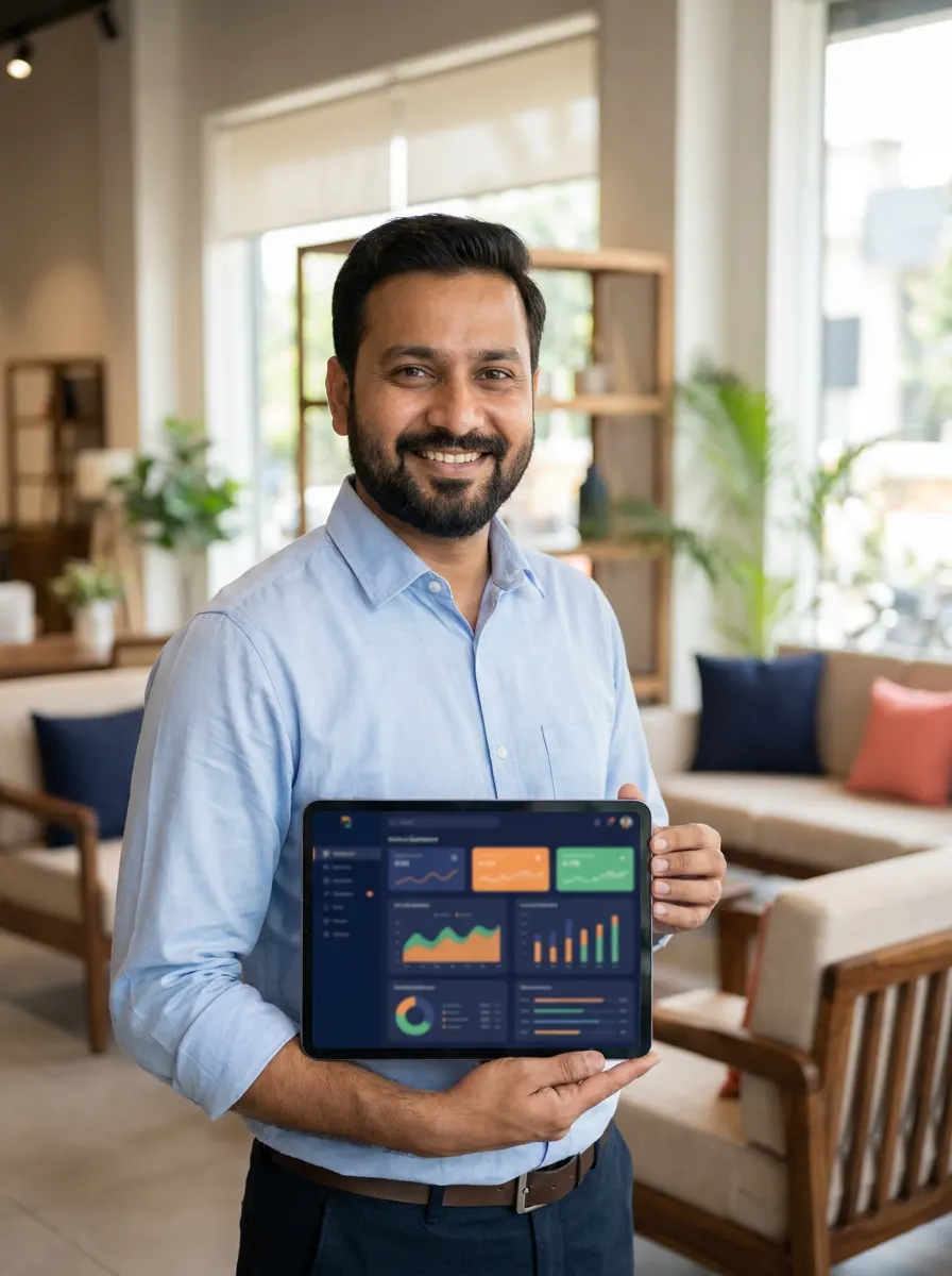 Smiling Indian business owner holding a tablet in his showroom