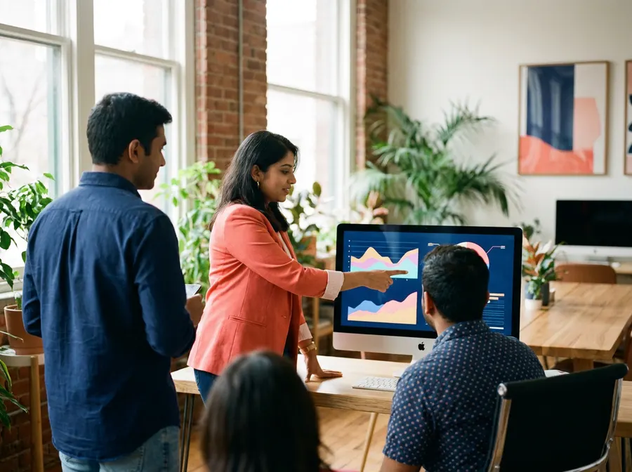 Digital agency team reviewing campaign results on a large monitor
