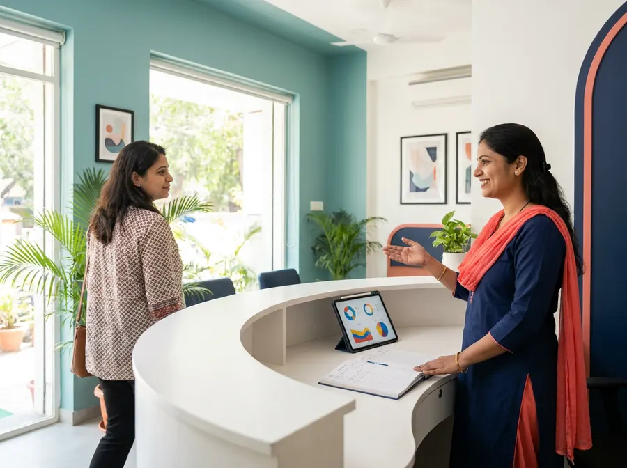 Receptionist welcoming a patient at a modern Indian dental clinic