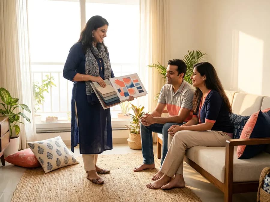 Interior designer presenting a colour mood board to a couple in a living room