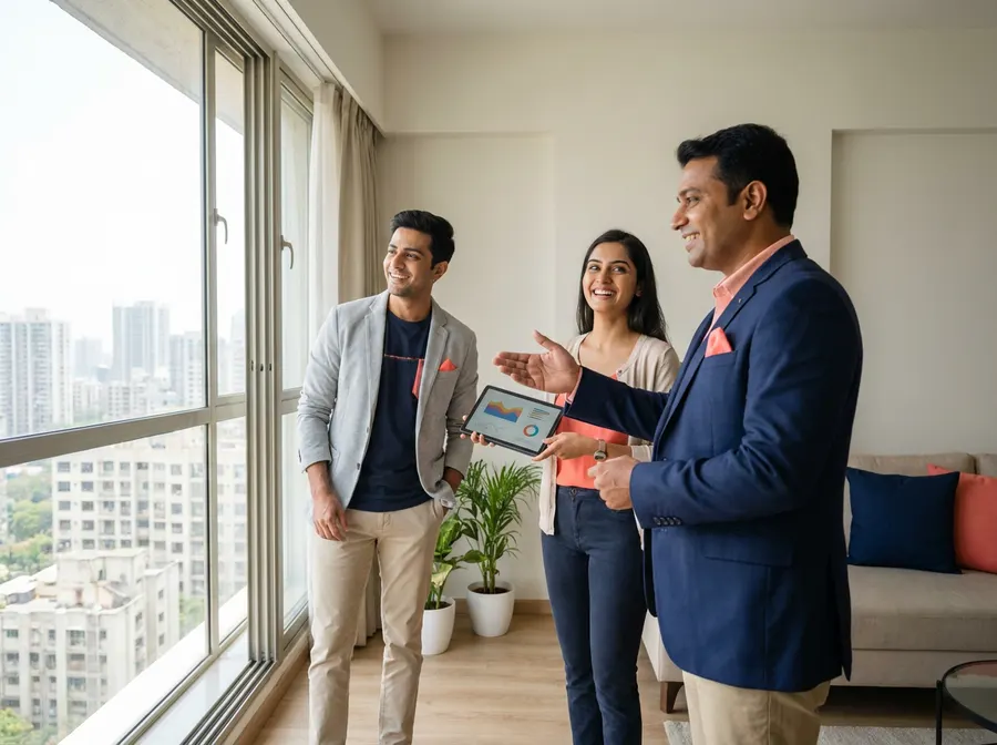 Real estate agent showing a new apartment to a young Indian couple