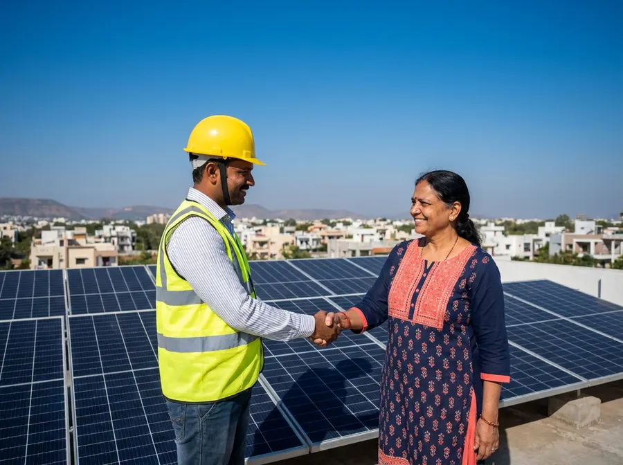 Solar installer shaking hands with a happy homeowner on a rooftop with solar panels