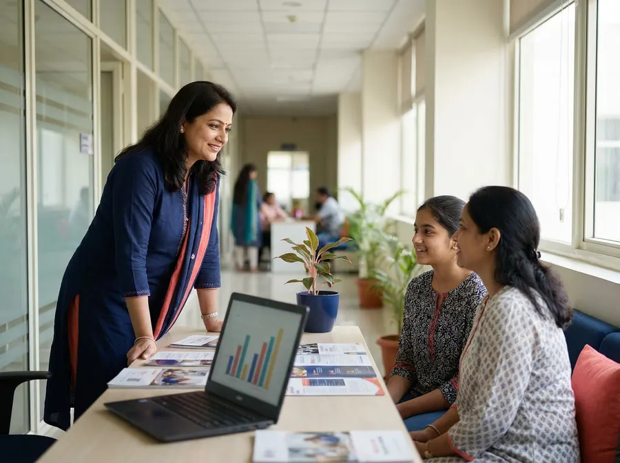 Education counsellor talking with a student and her mother at a coaching institute